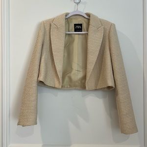 Zara Textured Cropped Cream Blazer, Size M